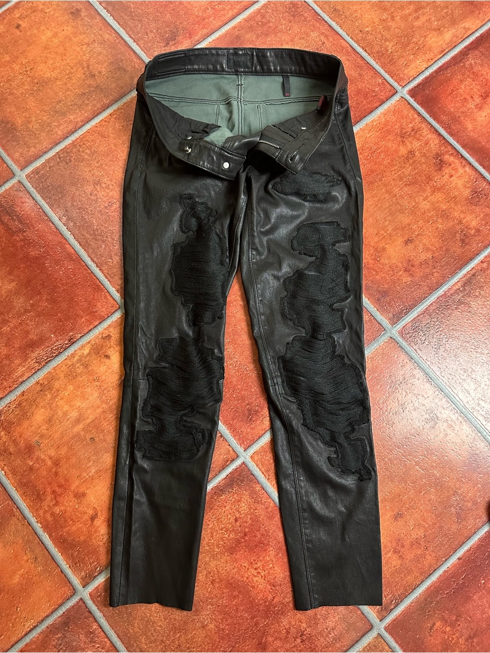 RtA Lamb Leather Rockstar Stretch Jeans with Distressed Knit Panels